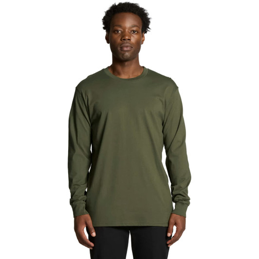 A long sleeve t-shirt in olive green, featuring a round neckline and an understated design with a logo.