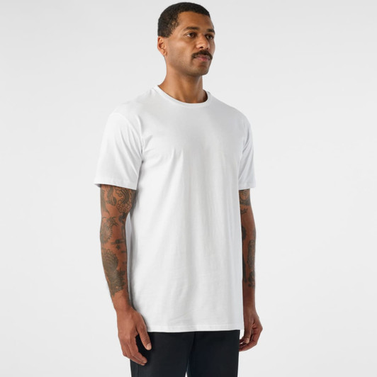 A white short-sleeve basic tee displayed on a model with tattoos, featuring a logo on the fabric.