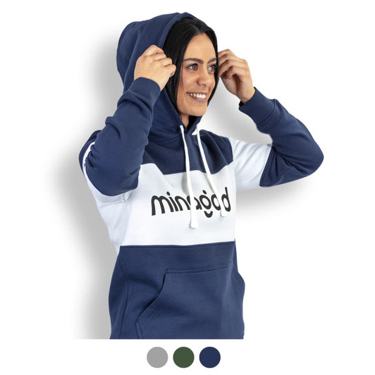 A unisex hoodie in navy blue, white, and grey, featuring a branded logo and a drawstring hood.