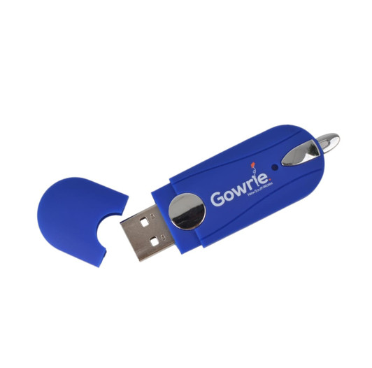 A blue flash drive with a removable cap and a logo, featuring a USB connector.
