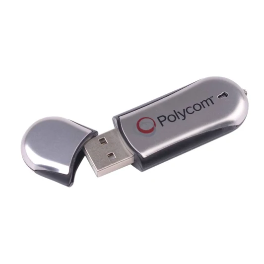 A silver and black USB flash drive with a cap, featuring a logo on the side.