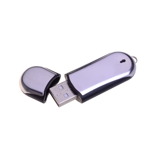 A sleek, silver flash drive with a removable cap and a USB connector. It features a logo on the surface.