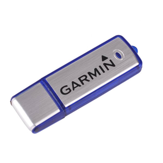 A silver and blue flash drive with a metallic finish and a logo.