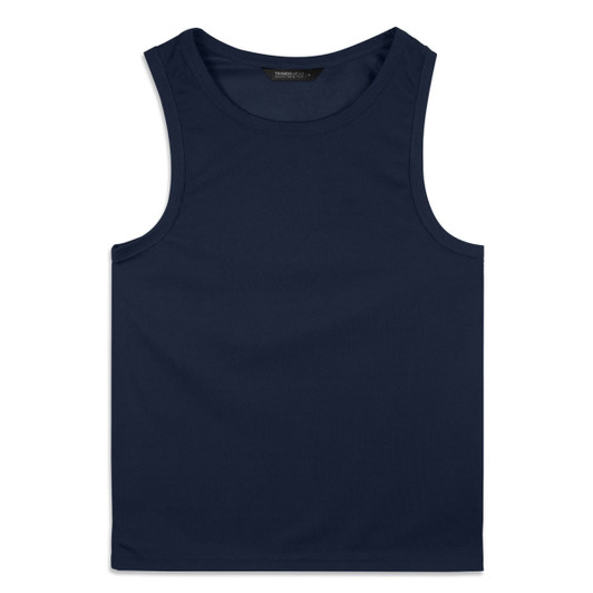 A navy blue men's sports tank top with a simple design and a logo. Ideal for athletic wear.