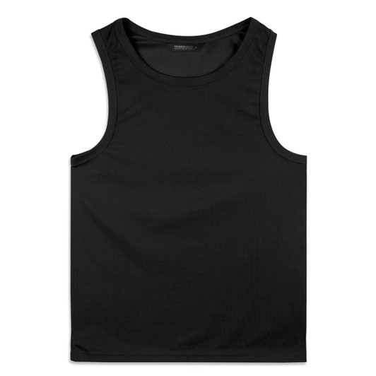 A black men's sports tank top with a smooth texture and a logo on the label.
