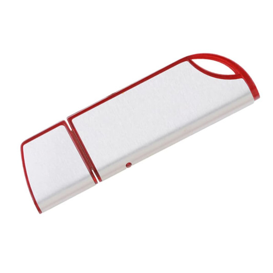 A sleek silver and red flash drive with a simple design and a distinctive branding logo.