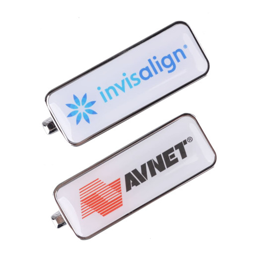 An epoxy doming flash drive in silver, featuring branding on both sides.