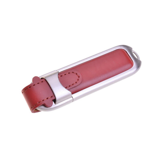 A red and silver flash drive with a leather finish and a metal casing, featuring a logo.