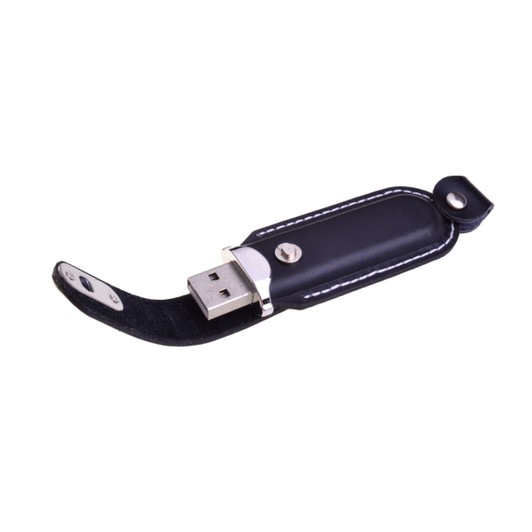 A black flash drive with a sleek leather cover and a silver connector, featuring a branding logo.