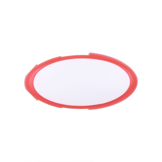 An oval swivel flash drive in red with a white surface, featuring a logo.