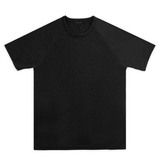 A black sports t-shirt with a classic cut and raglan sleeves, featuring a logo on the design.