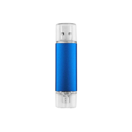 A blue double-end Type C flash drive with transparent ends, featuring a logo.