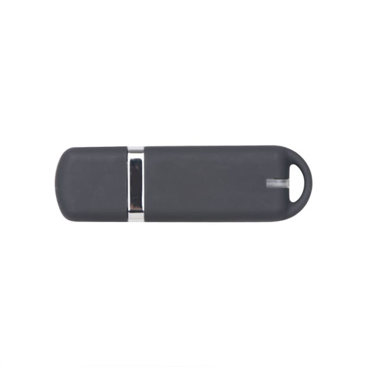 A grey flash drive with a silver accent and a hole for attachment. It features a sleek, minimalist design.