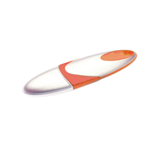 A silver and orange Neptune flash drive with a sleek, elongated design and a branding logo on it.