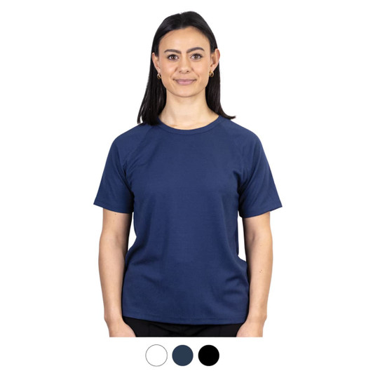 A navy women's sports T-shirt with short sleeves, featuring a logo on the front.