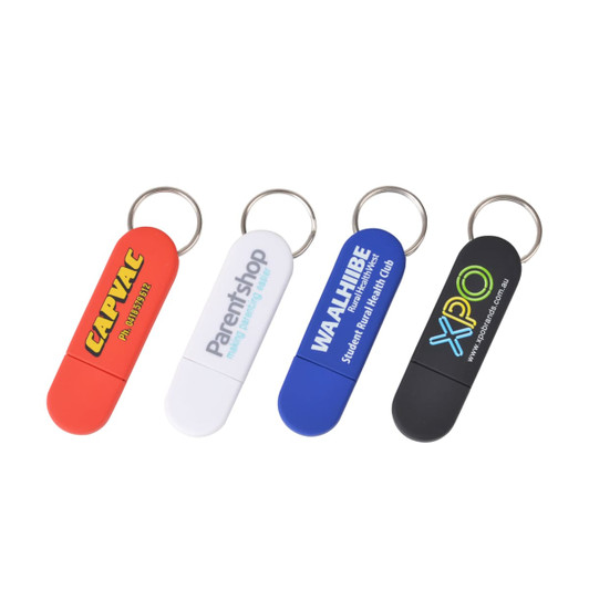 A set of four USB flash drives in red, white, and black, each with a keyring attachment and unique branding.