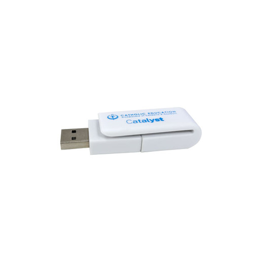 A white flash drive with a sliding cover and a logo, featuring a USB connector.
