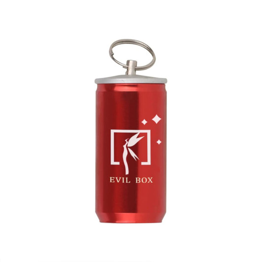 A red can-shaped flash drive with a silver cap and a keyring attachment, featuring a logo on the front.