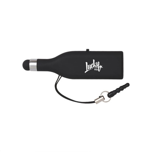 A black stylus flash drive shaped like a drink bottle, featuring a logo and attached lanyard.