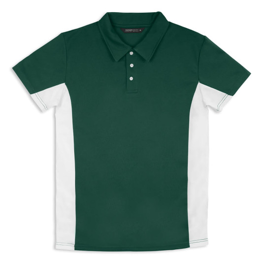 A green polo shirt features white side panels and a collar, with a three-button placket and a logo.