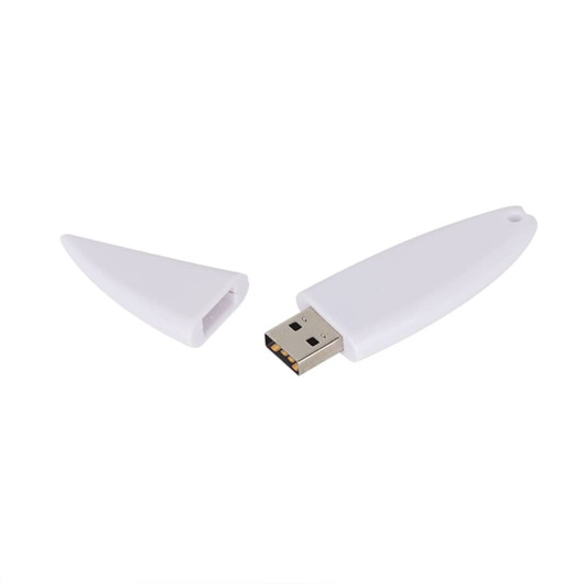 A surfboard-shaped flash drive in white, with a removable cap revealing the USB connector.