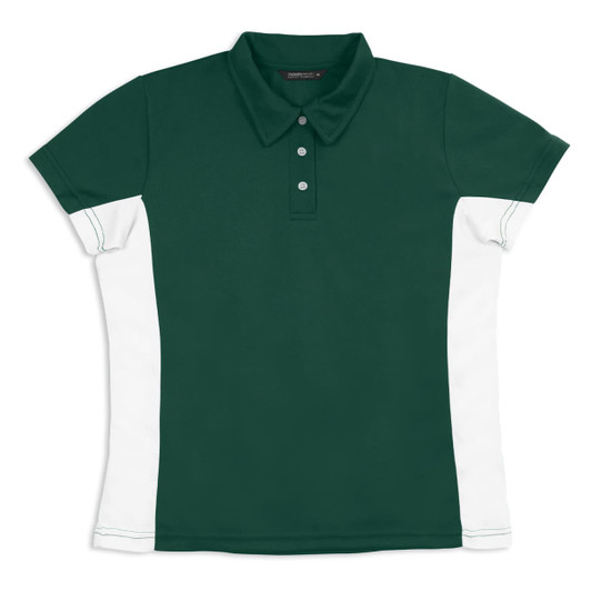 A green and white women's polo shirt featuring a solid body and contrasting side panels. It has a collar and buttons.