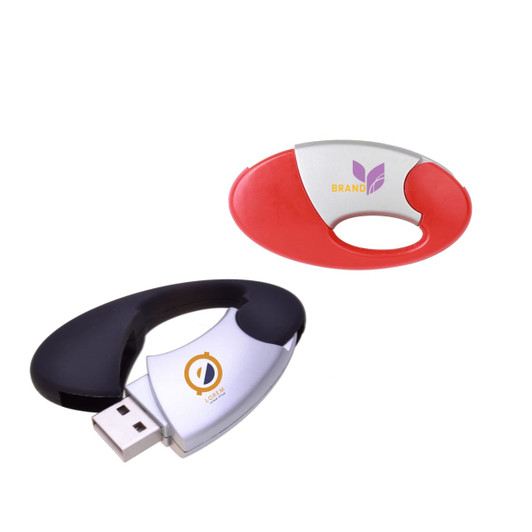 An oval clip flash drive in red and silver, with a black version featuring a USB connector, both with logos.