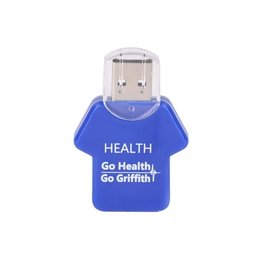 A blue flash drive designed in the shape of a T-shirt, featuring a logo and text on the front.