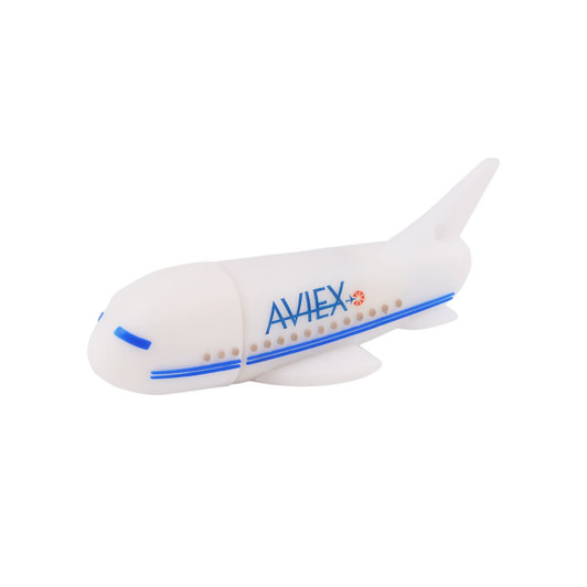An aeroplane-shaped flash drive in white with blue accents and a branding logo.