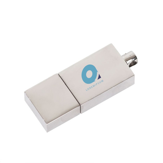 A metallic silver flash drive with a logo on its surface, featuring a sleek design.