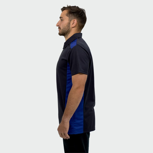 A men's polo shirt in navy blue with blue side panels and a logo.