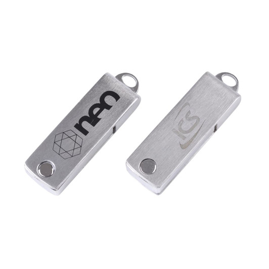 Two metallic flash drives with a smooth finish, featuring different logos on each side.