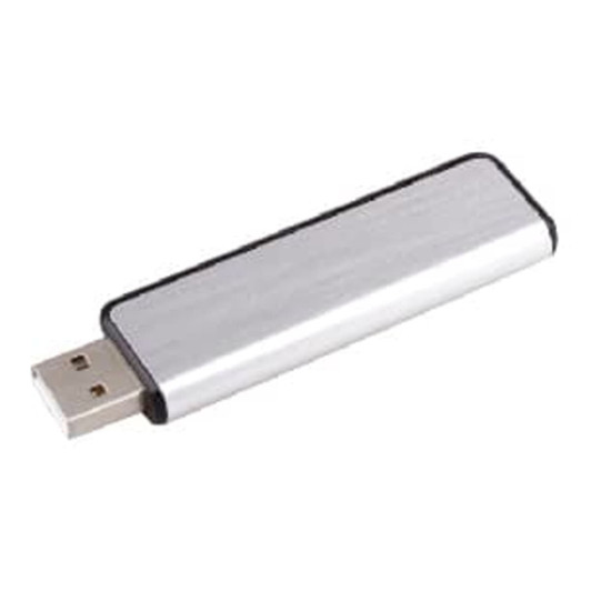 A sleek silver flash drive with a metallic finish and black edges, featuring a USB connector.