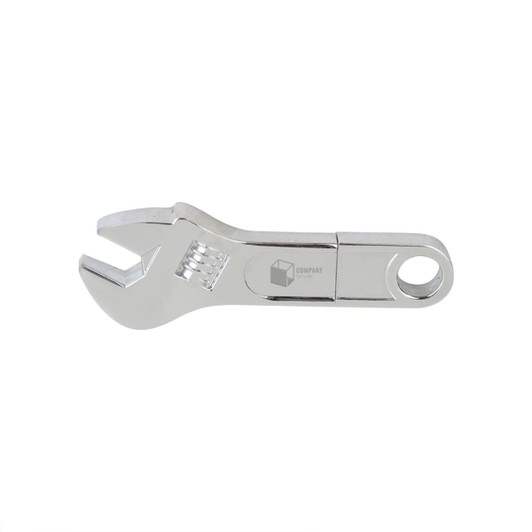 A silver spanner-shaped flash drive with a logo, designed for technology storage.