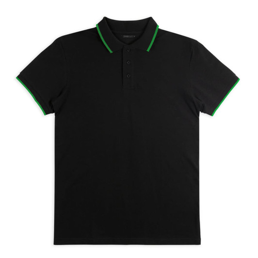 A black polo shirt featuring green accents on the collar and sleeve hems, with a logo on the chest.