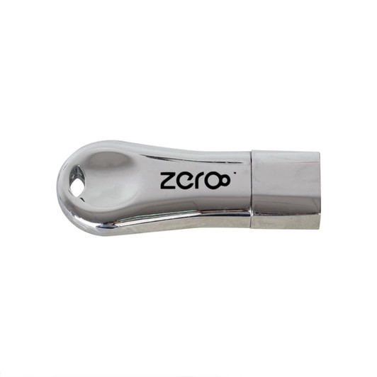 A silver flash drive with a rounded design and a logo on one side.
