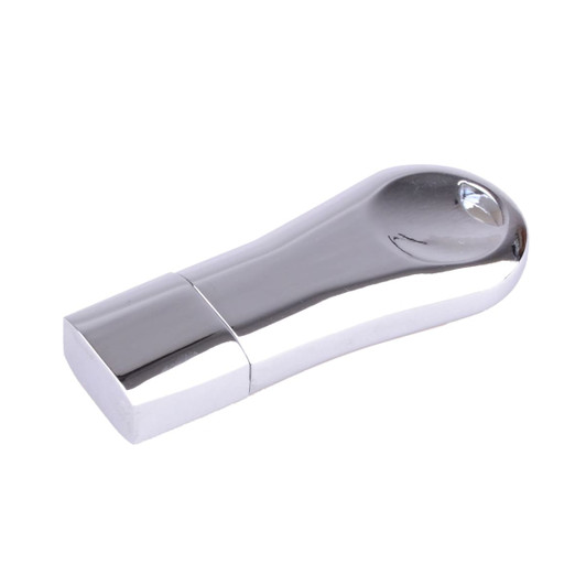 A shiny silver flash drive with a sleek, rounded design and a square base, featuring a logo.