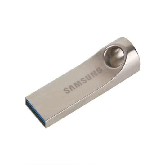 A silver flash drive with a sleek design and a circular hole at one end, featuring a logo.