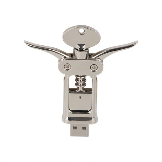 A corkscrew-shaped flash drive in shiny metallic silver, featuring a logo on the surface.