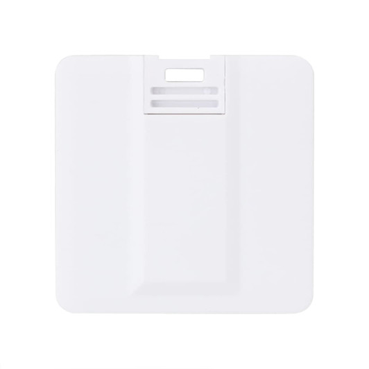 A white square flash drive featuring a slot for connection. It has a minimalist design and includes a logo.