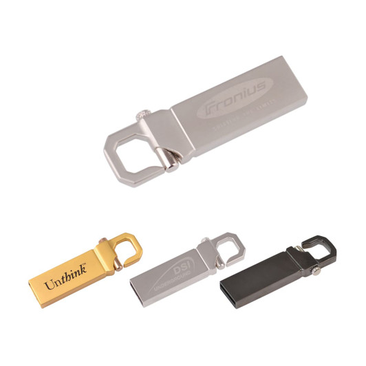 A collection of three metallic flash drives in gold, silver, and black, featuring different shapes and a branding logo.
