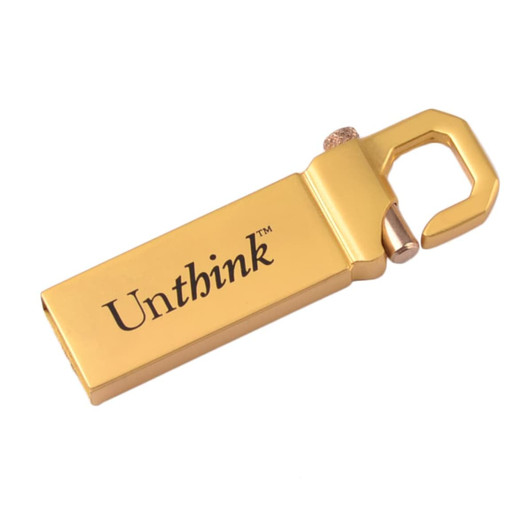 A gold flash drive with a logo, featuring a hook design for easy attachment.