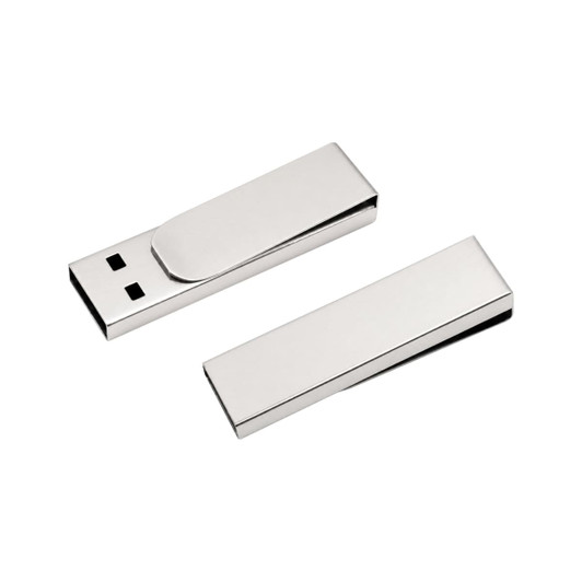 A metal clip flash drive in silver with a sleek design, featuring a removable cover and a logo.