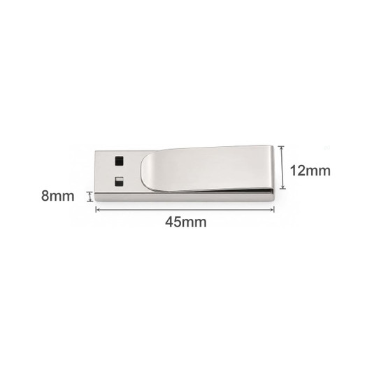 A metal clip flash drive in silver, featuring a sleek design with embedded storage dimensions.
