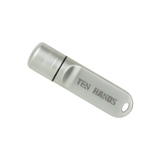 A silver flash drive with a cylindrical shape and a logo on its surface.