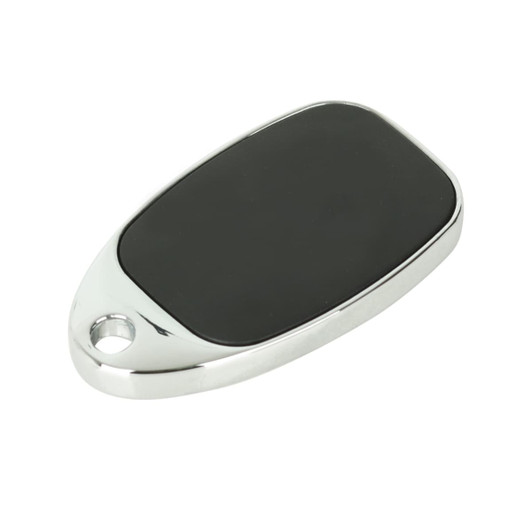 A sleek silver sliding epoxy doming flash drive with a black top and a keyring hole.
