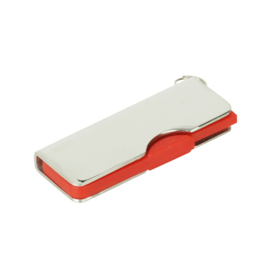 A metallic silver and red alloy flash drive with a swivel design and a small loop for attachment.