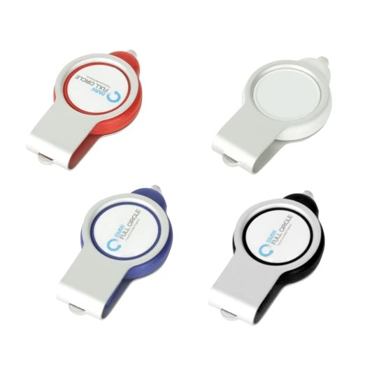 Four light-up epoxy doming flash drives in red, white, blue, and black, each featuring a logo.