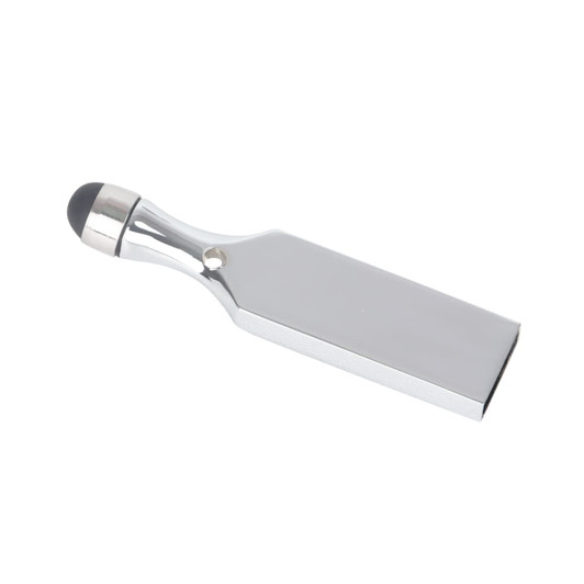 A silver touch pen USB flash drive with a black tip, featuring a logo on its side.