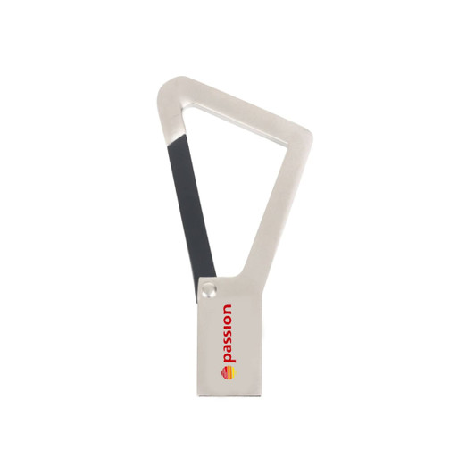 A triangular silver carabiner USB flash drive with a black accent and a logo.